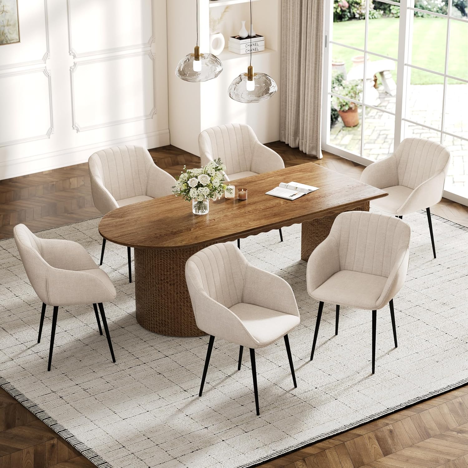 Esszimmerstühle Beige 4er Set mit Armlehnen, Modern Polsterstühle Leinen, Küchenstühle mit Metallgestell für Esszimmer, Wohnzimmer, Küche