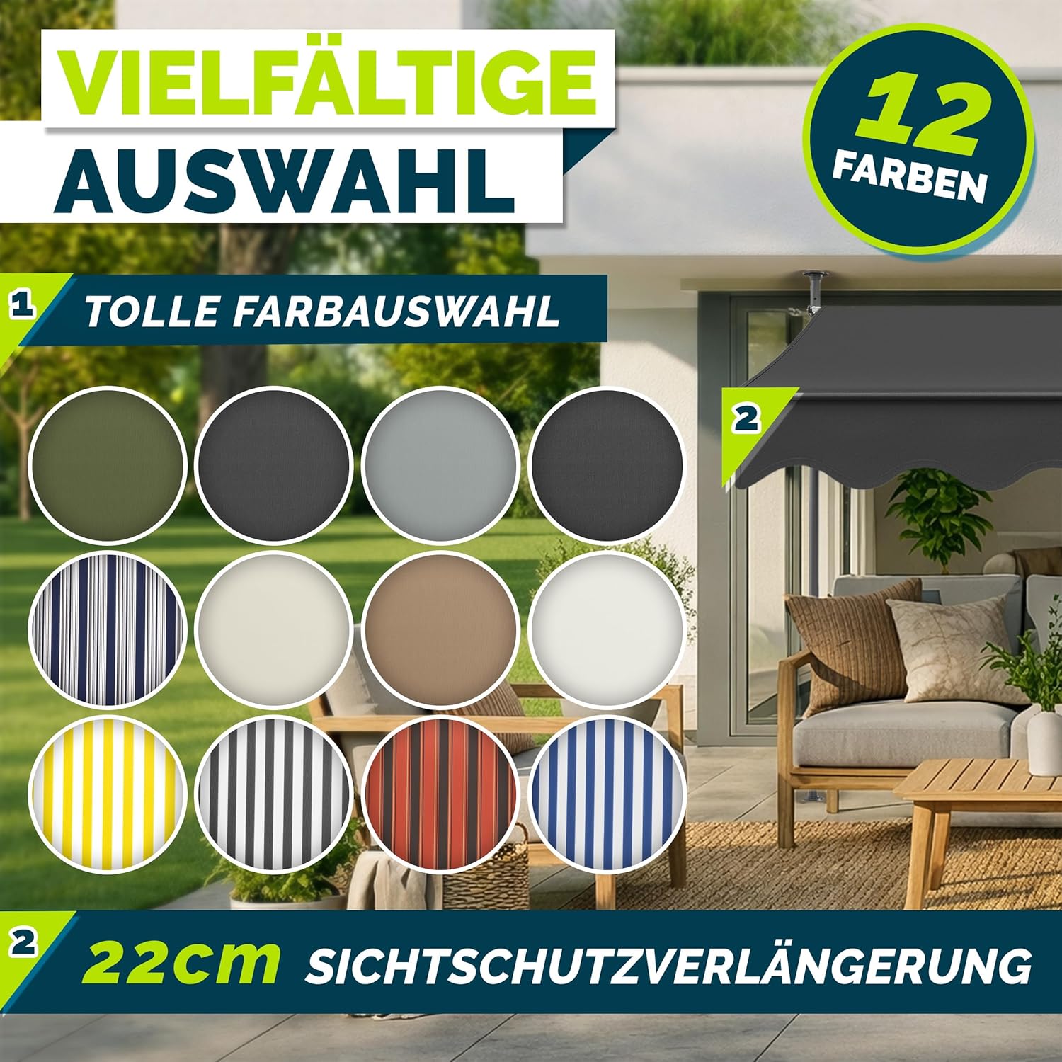 tillvex Klemmmarkise 350cm breit mit Handkurbel | Balkonmarkise ohne Bohren