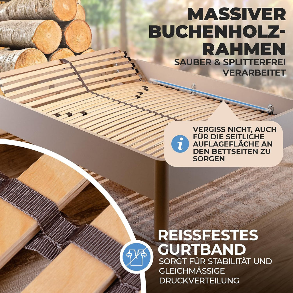 Coemo 7-Zonen Lattenrost Ergo 140x200 Lattenrahmen - verstellbares Kopfteil - Buche Rahmen- 28 Federleisten- Bettrahmen 140x200cm passend für Queensize Bett- geeignet für alle Matratzen