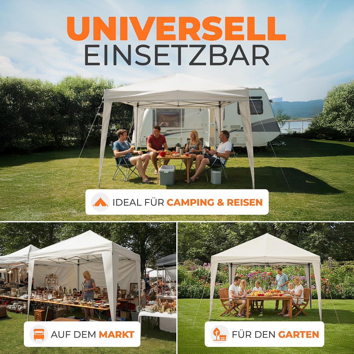 Kronenburg Faltpavillon wasserdicht Dachmaß 3 x 3 m UV Schutz 50+ Pavillon in Champagner mit 4 Seitenteilen