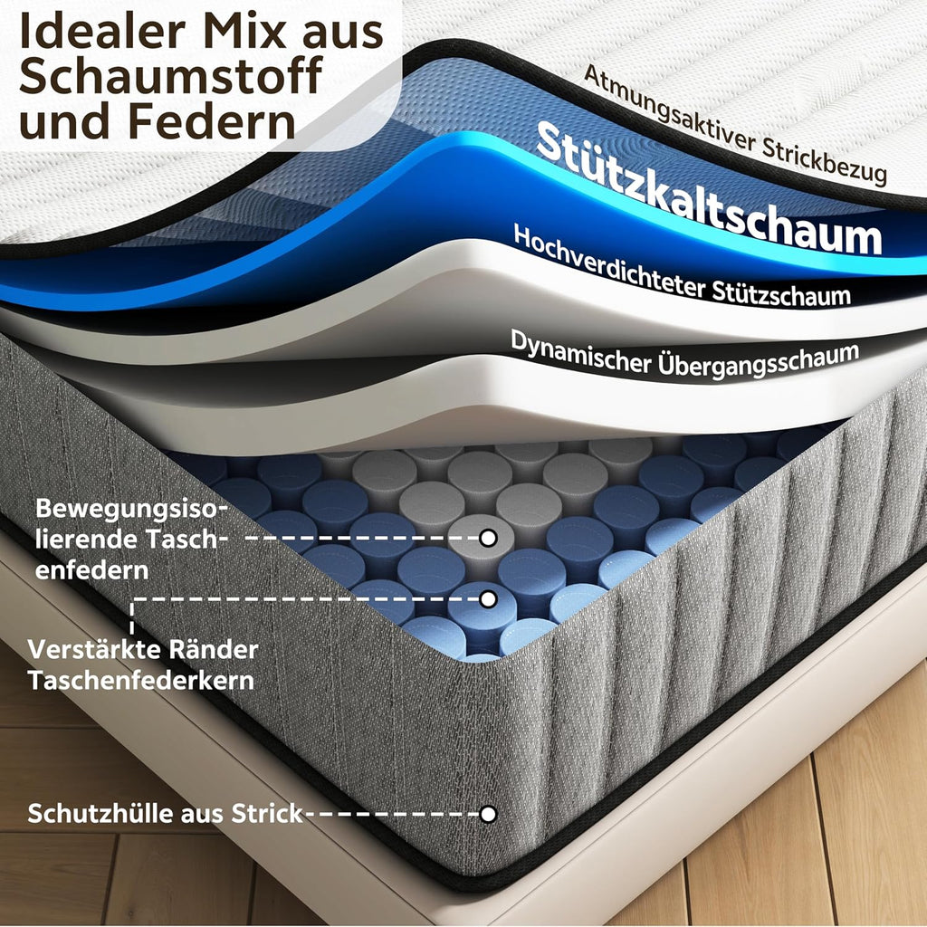 Matratze 140x200 Kaltschaum H2 H3 mit Öko-Tex Zertifiziert 25 cm Höhe, 7-Zone Taschenfederkernmatratze mit Memory Foam Bett Matratze 140x200x25cm