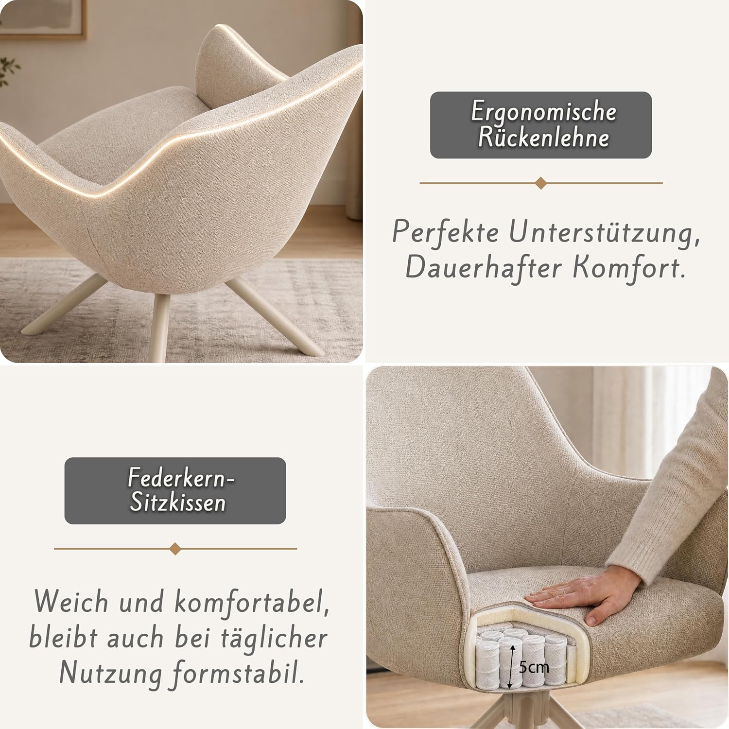 Esszimmerstühle Drehbar 4er Set mit Armlehne, gepolsterte Esszimmerstuhl mit hoher Rückenlehne für Esszimmer & Wohnzimmer, Büro, Beige1