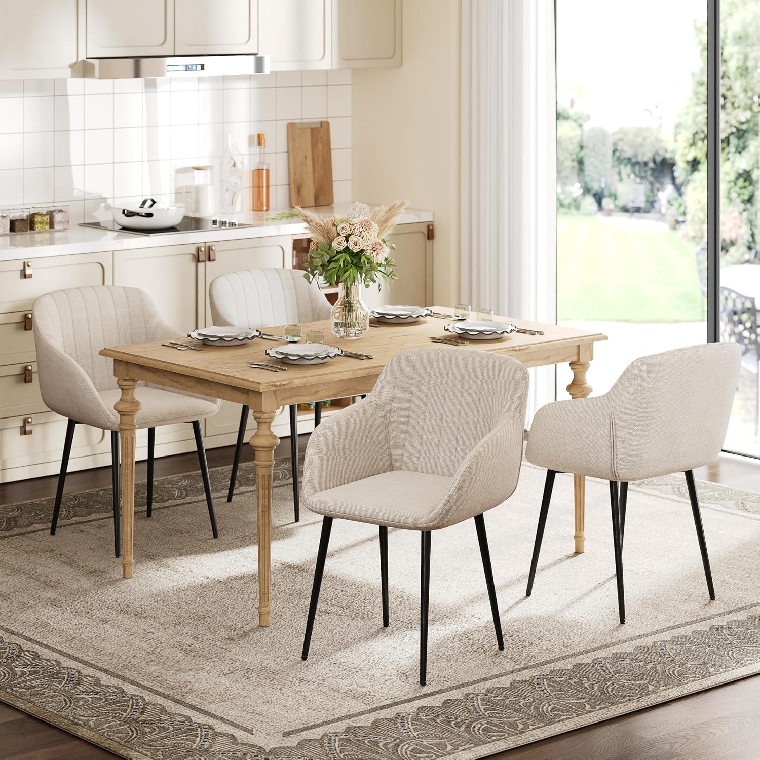 Esszimmerstühle Beige 4er Set mit Armlehnen, Modern Polsterstühle Leinen, Küchenstühle mit Metallgestell für Esszimmer, Wohnzimmer, Küche