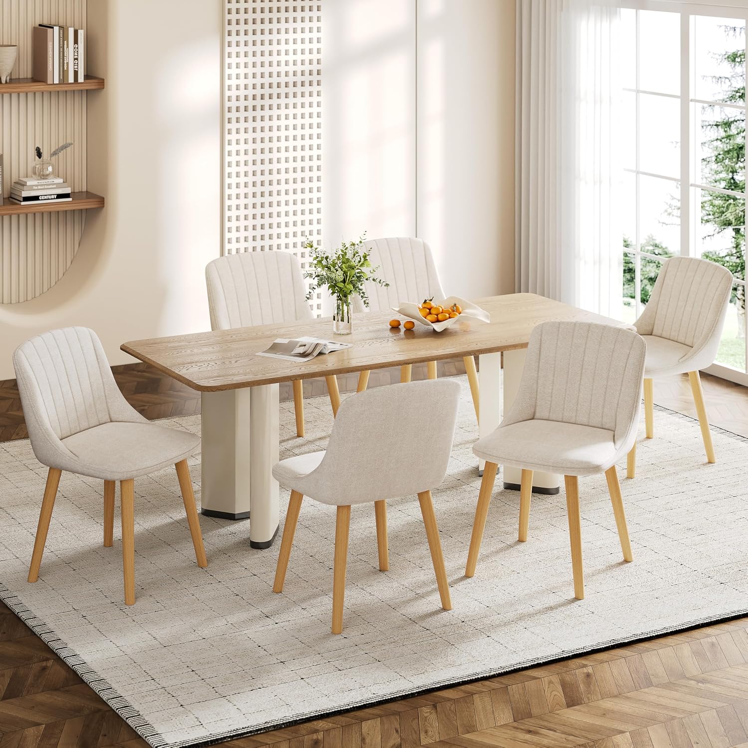 Esszimmerstühle Beige 4er Set Holzbeine Polsterstuhl Küchenstuhl aus Polyester Stühle Esszimmer Wohnzimmerstuhl für Esszimmer Küche Büro