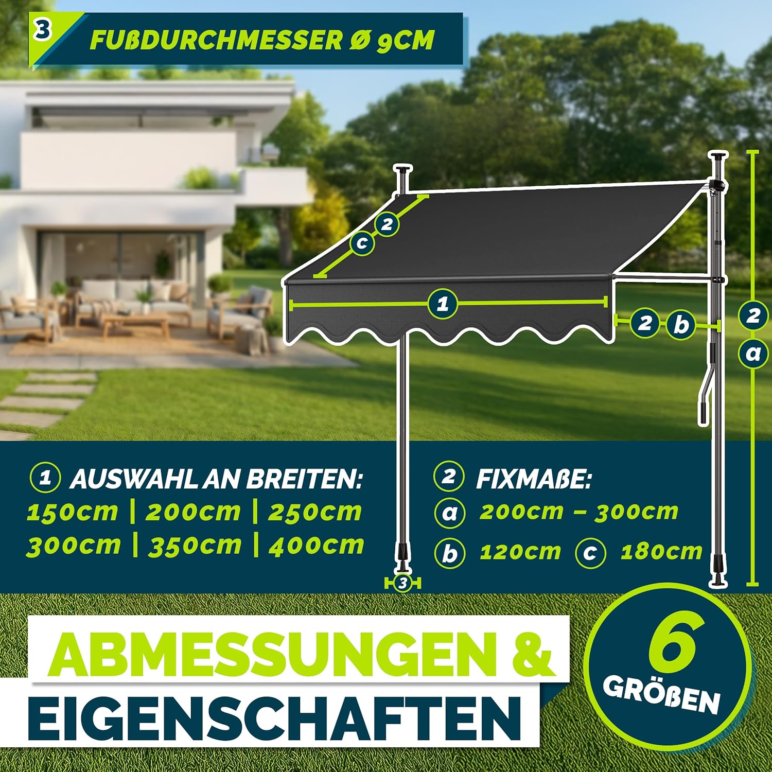 tillvex Klemmmarkise 350cm breit mit Handkurbel | Balkonmarkise ohne Bohren