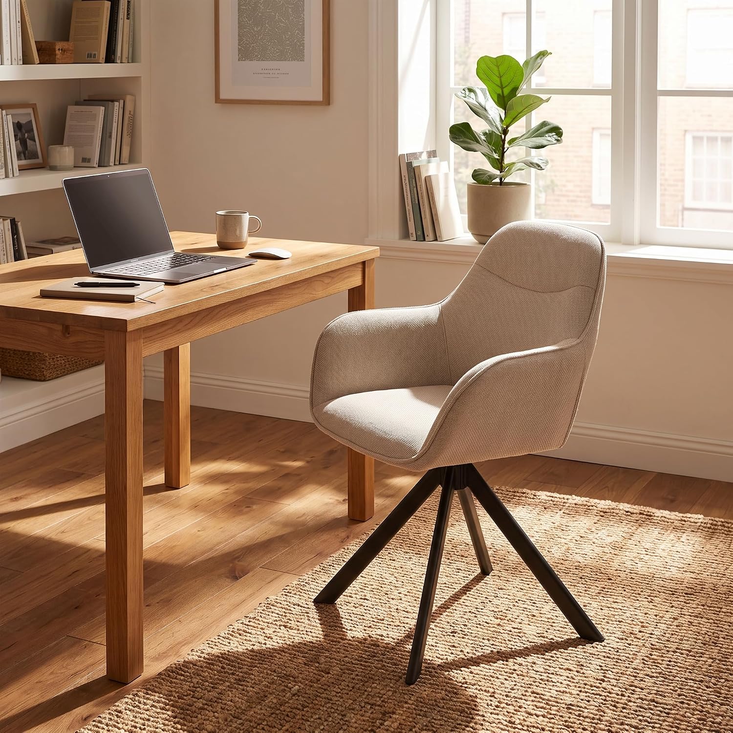 Esszimmerstühle Drehbar 4er Set mit Armlehne, 360° drehbar, Polsterstuhl Leinen, Drehstuhl Esszimmer Beige, Küchenstuhl mit Metallbeine für Esszimmer, Wohnzimmer, Büro