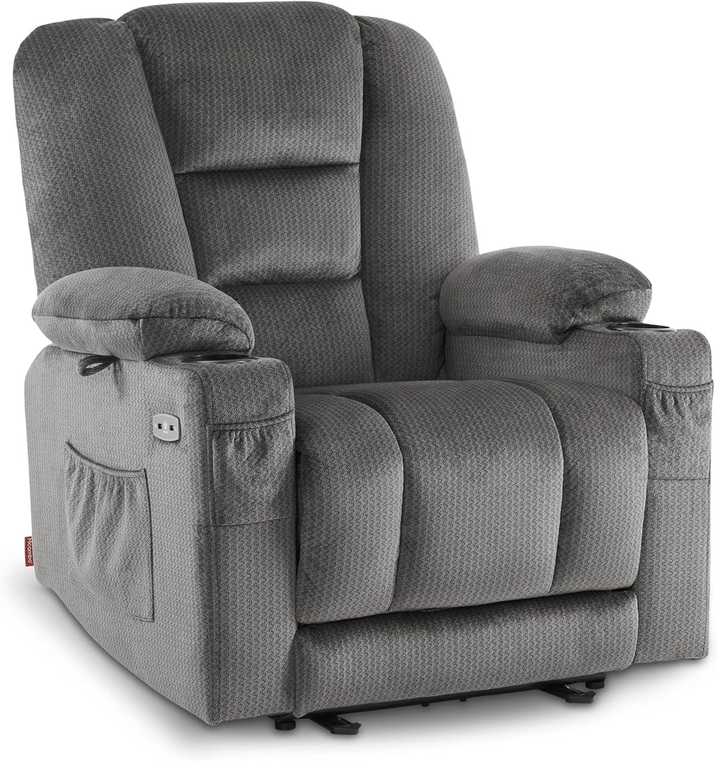 M MCombo Fernsehsessel elektrisch verstellbar 7008, Relaxsessel mit Liegefunktion, TV Sessel mit Massage & Wärmefunktion, USB & Getränkehalter, Wohnzimmer (Stoff, Grau)