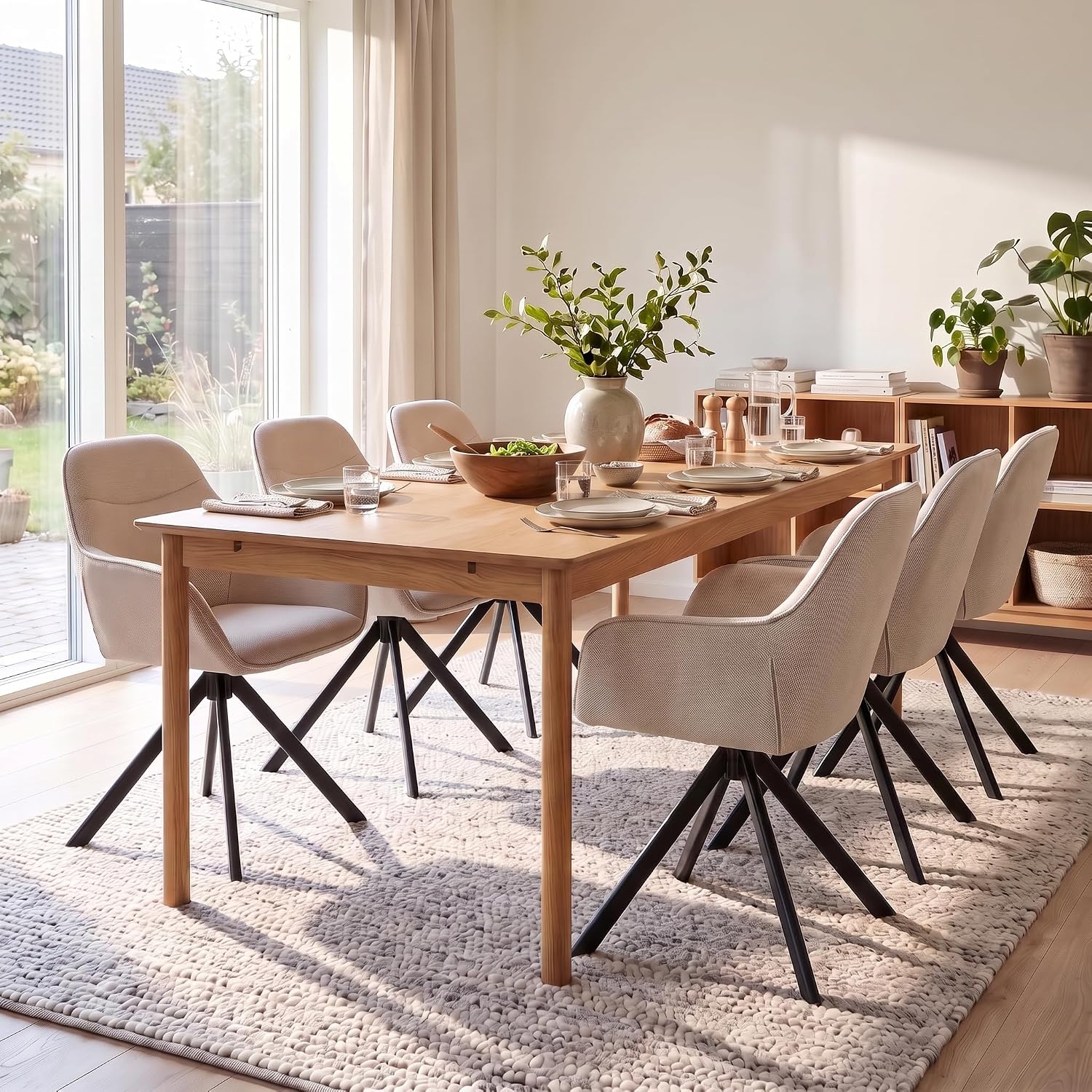 Esszimmerstühle Drehbar 4er Set mit Armlehne, 360° drehbar, Polsterstuhl Leinen, Drehstuhl Esszimmer Beige, Küchenstuhl mit Metallbeine für Esszimmer, Wohnzimmer, Büro