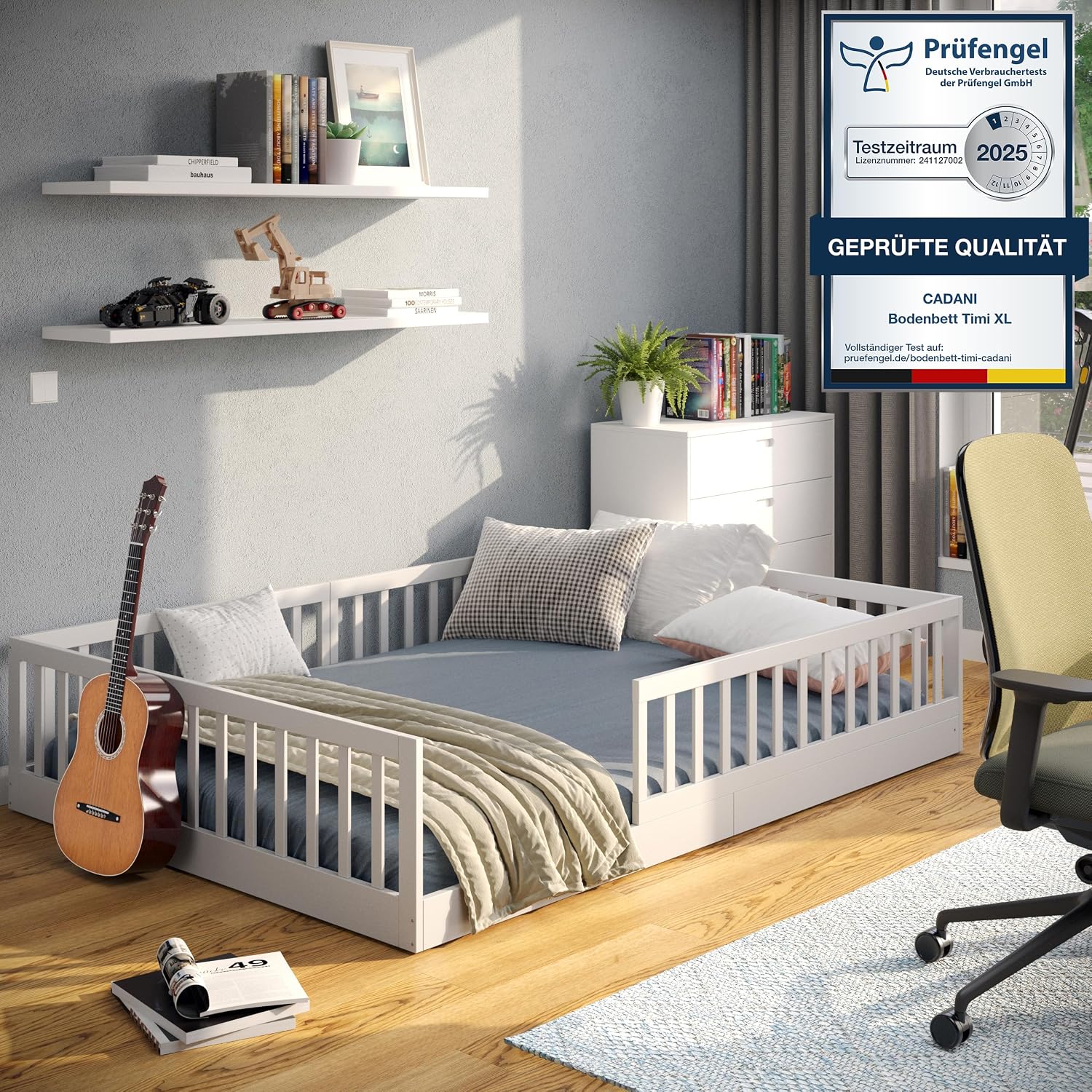 CADANI TIMI XL Bodenbett 140x200 Weiß, Rausfallschutz abnehmbar, bis 200 kg
