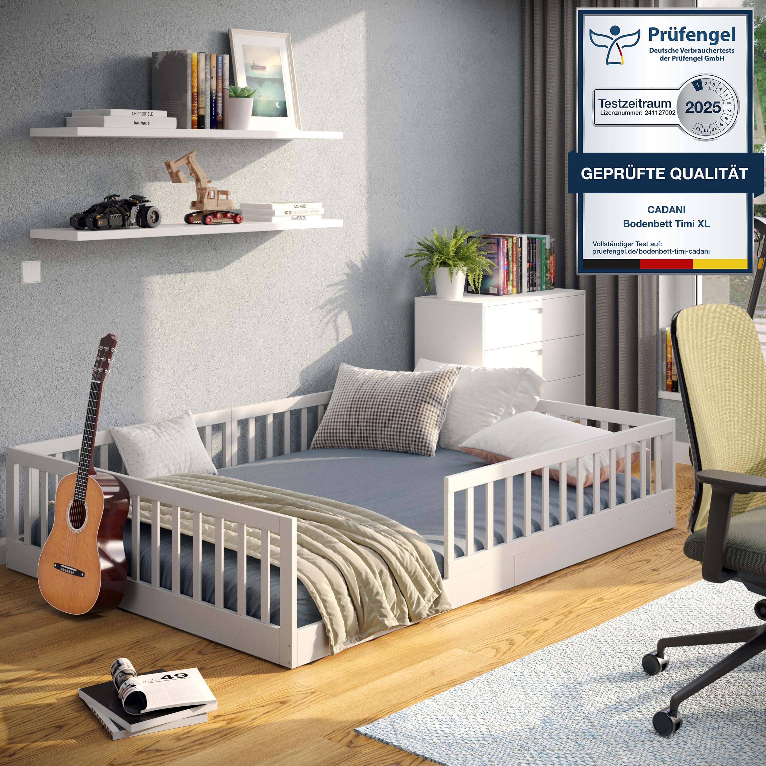CADANI TIMI XL Bodenbett 120x200 Weiß, Rausfallschutz abnehmbar, bis 200 kg