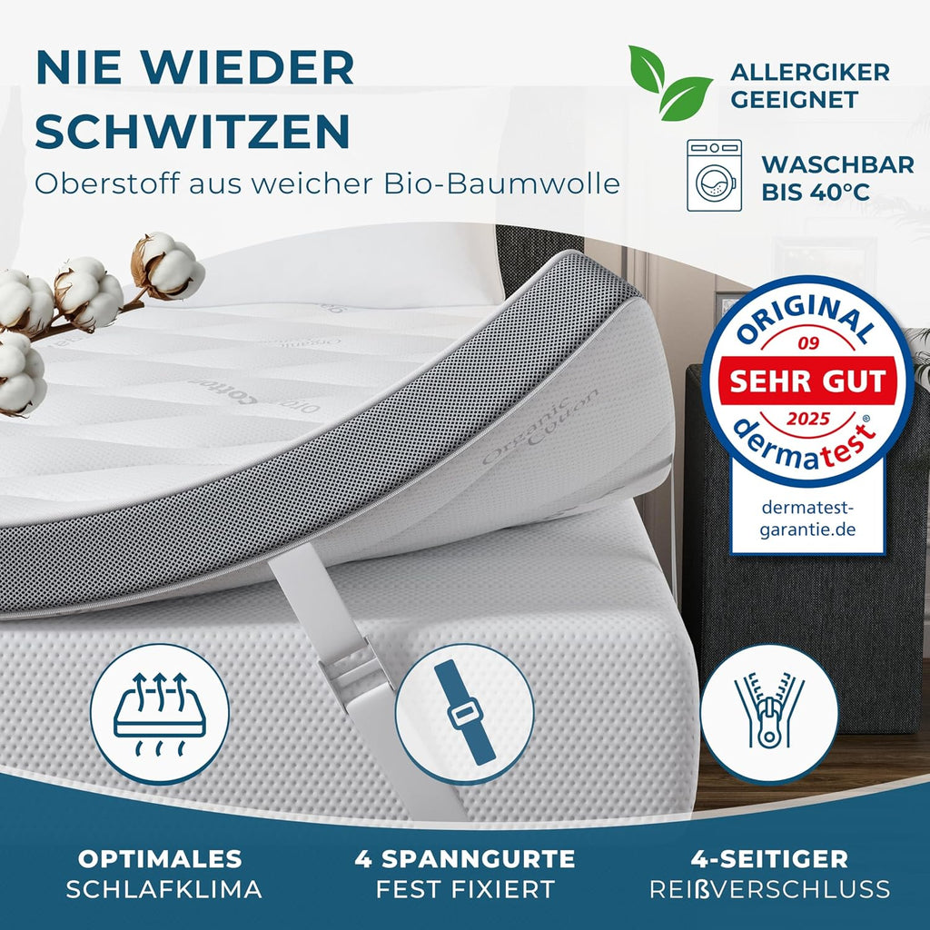 Deluxe Gel Topper 180x200cm | Oberstoff aus 100% Bio-Baumwolle | wolkenweicher 7-Zonen Matratzentopper 180x200cm | Hohes RG 50 | 8cm Matratzen Topper 180x200 |Luxus Matratzenauflage Geltopper
