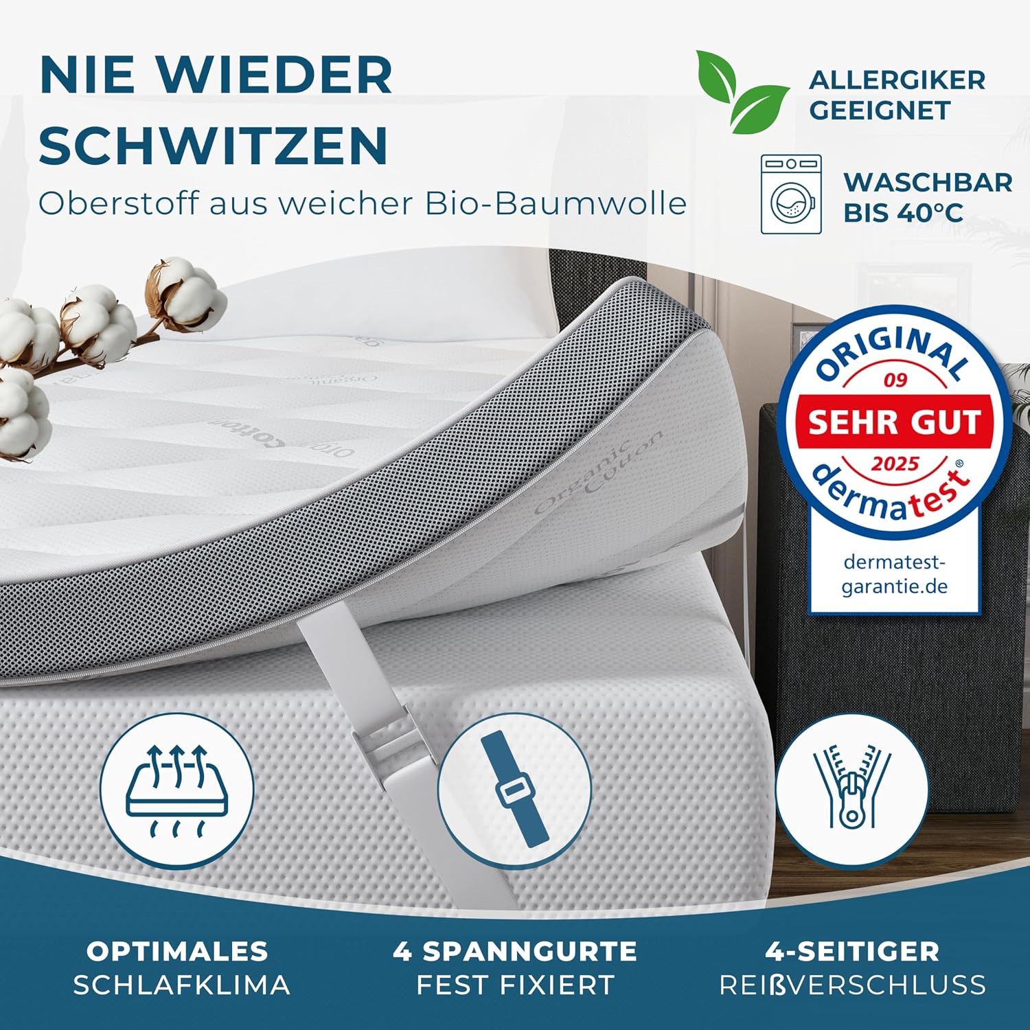Deluxe Gel Topper 180x200cm | Oberstoff aus 100% Bio-Baumwolle | wolkenweicher 7-Zonen Matratzentopper 180x200cm | Hohes RG 50 | 8cm Matratzen Topper 180x200 |Luxus Matratzenauflage Geltopper