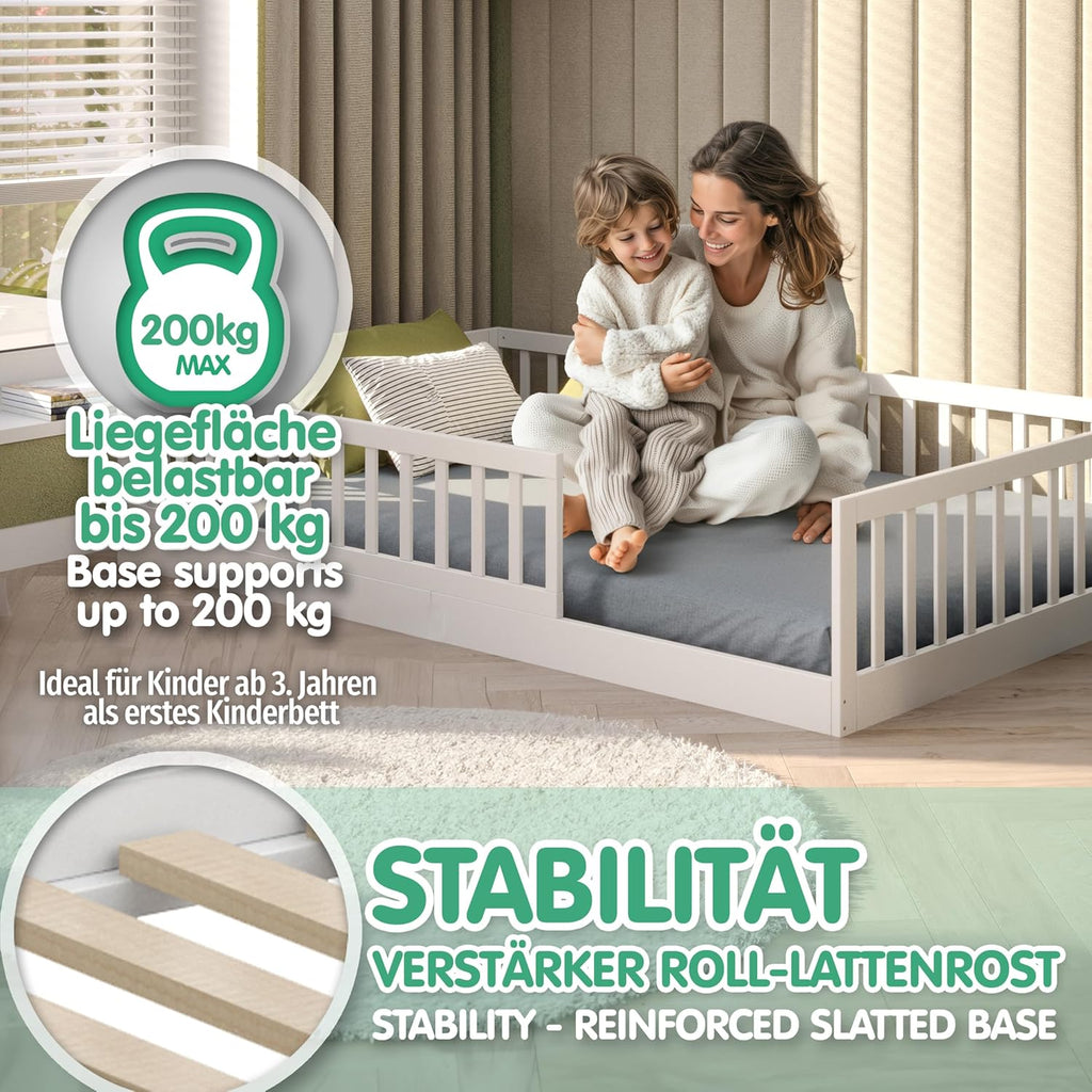 CADANI TIMI XL Bodenbett 120x200 Weiß, Rausfallschutz abnehmbar, bis 200 kg