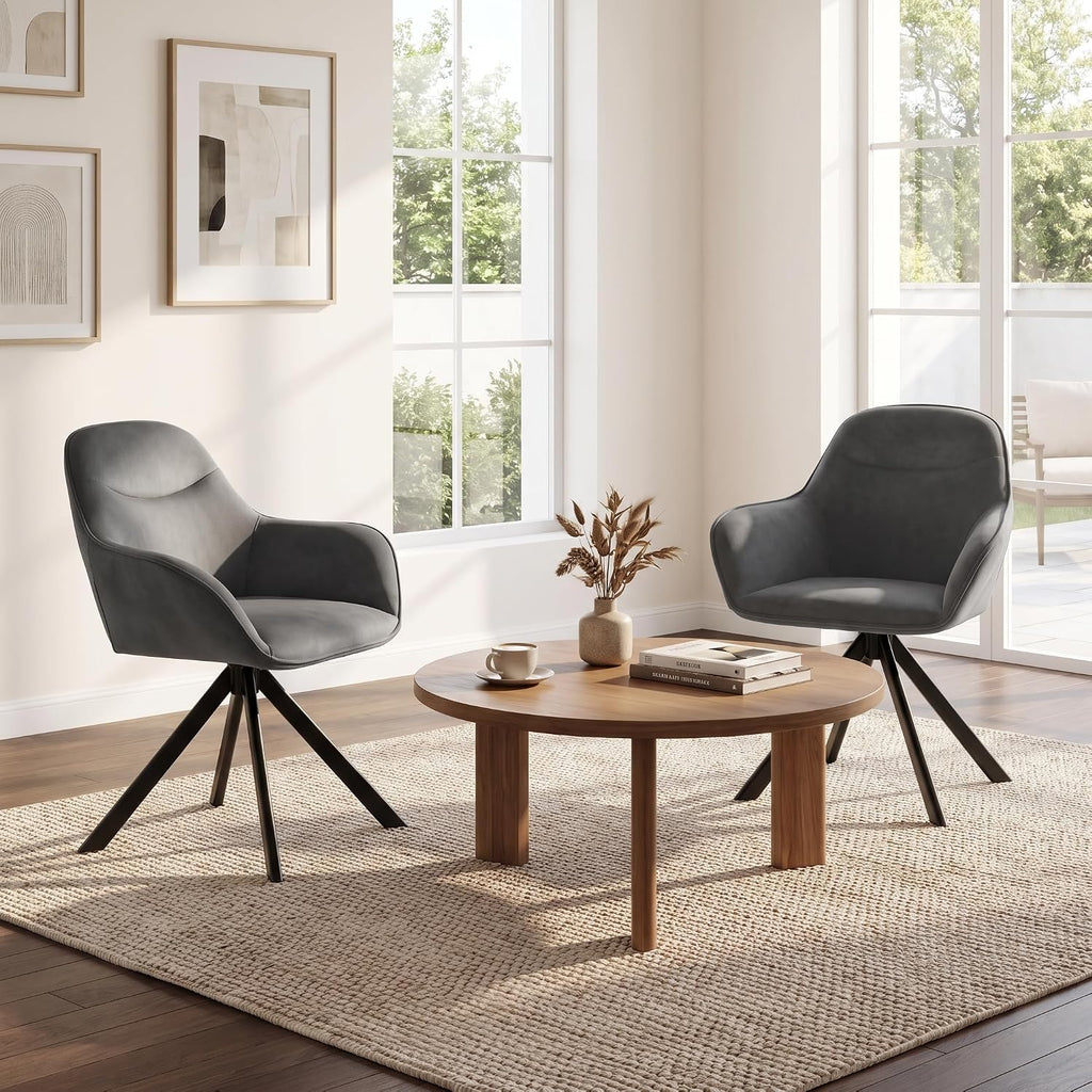 6er Set Esszimmerstühle Drehbar mit Armlehne, 360° Drehstuhl Polsterstuhl Samt Modern Küchenstuhl mit Metallbeine für Esszimmer, Wohnzimmer, Büro, Dunkelgrau
