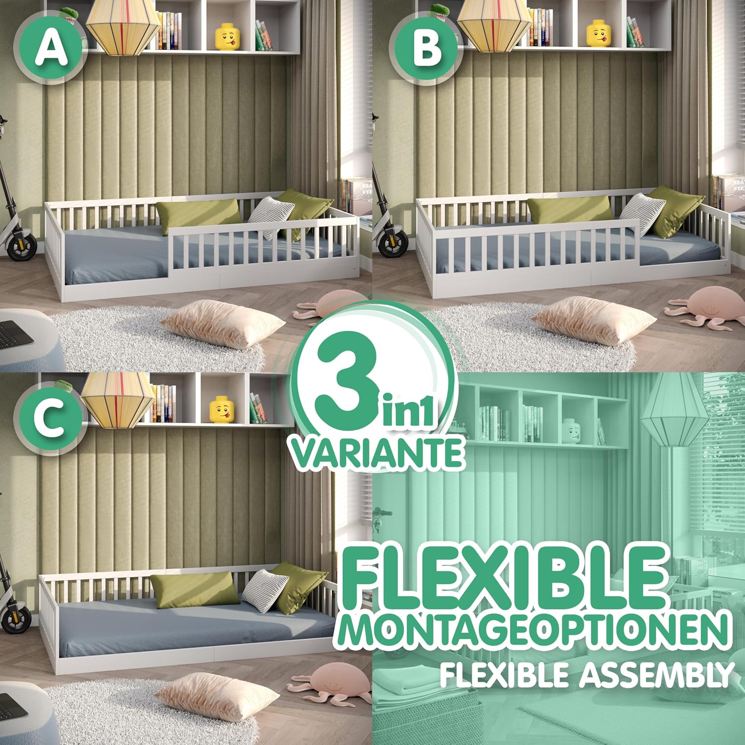 CADANI TIMI XL Bodenbett 120x200 Weiß, Rausfallschutz abnehmbar, bis 200 kg