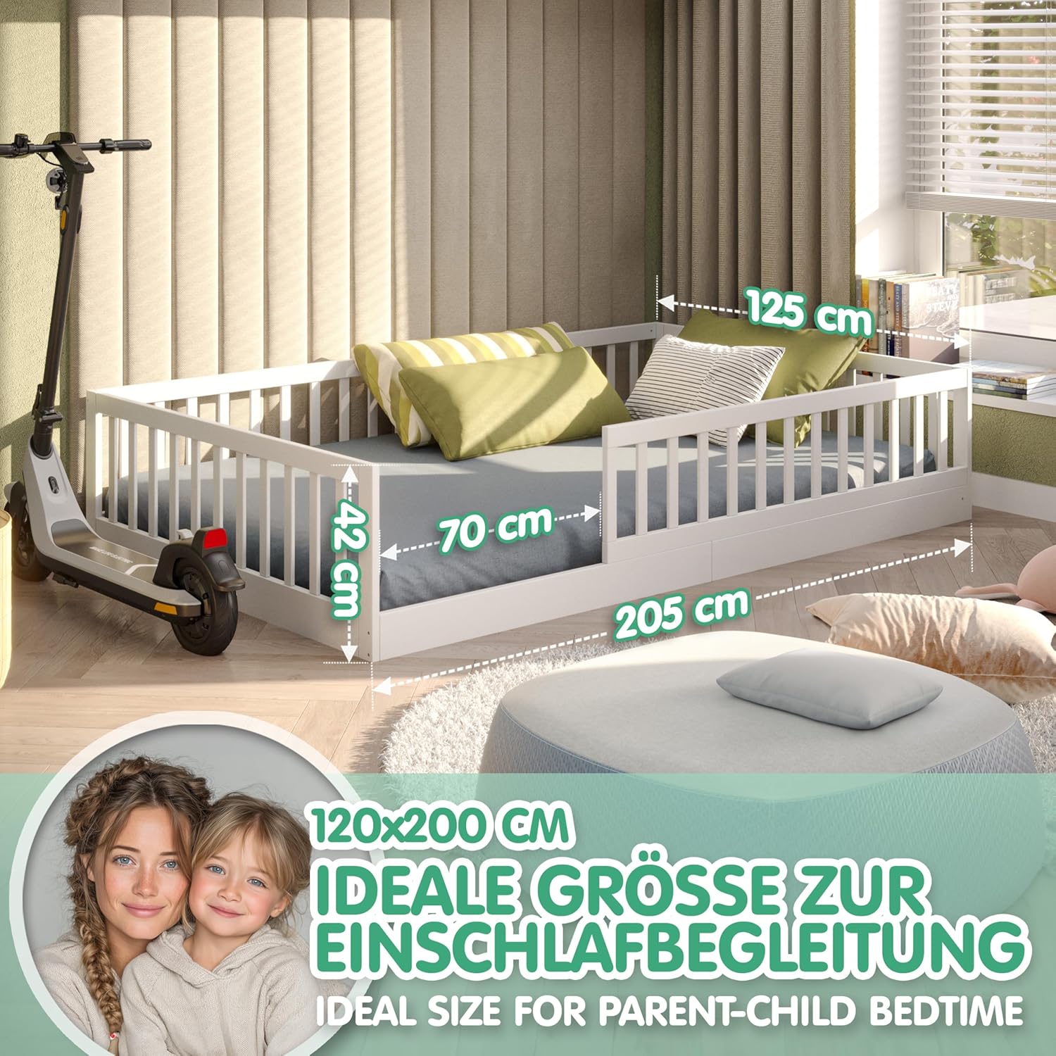 CADANI TIMI XL Bodenbett 120x200 Weiß, Rausfallschutz abnehmbar, bis 200 kg