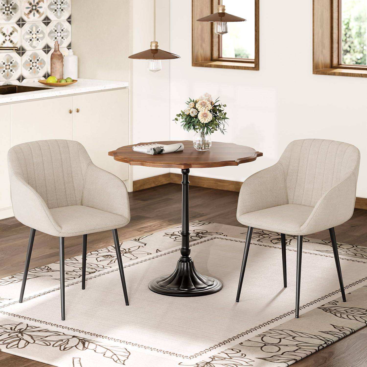 Esszimmerstühle Beige 4er Set mit Armlehnen, Modern Polsterstühle Leinen, Küchenstühle mit Metallgestell für Esszimmer, Wohnzimmer, Küche