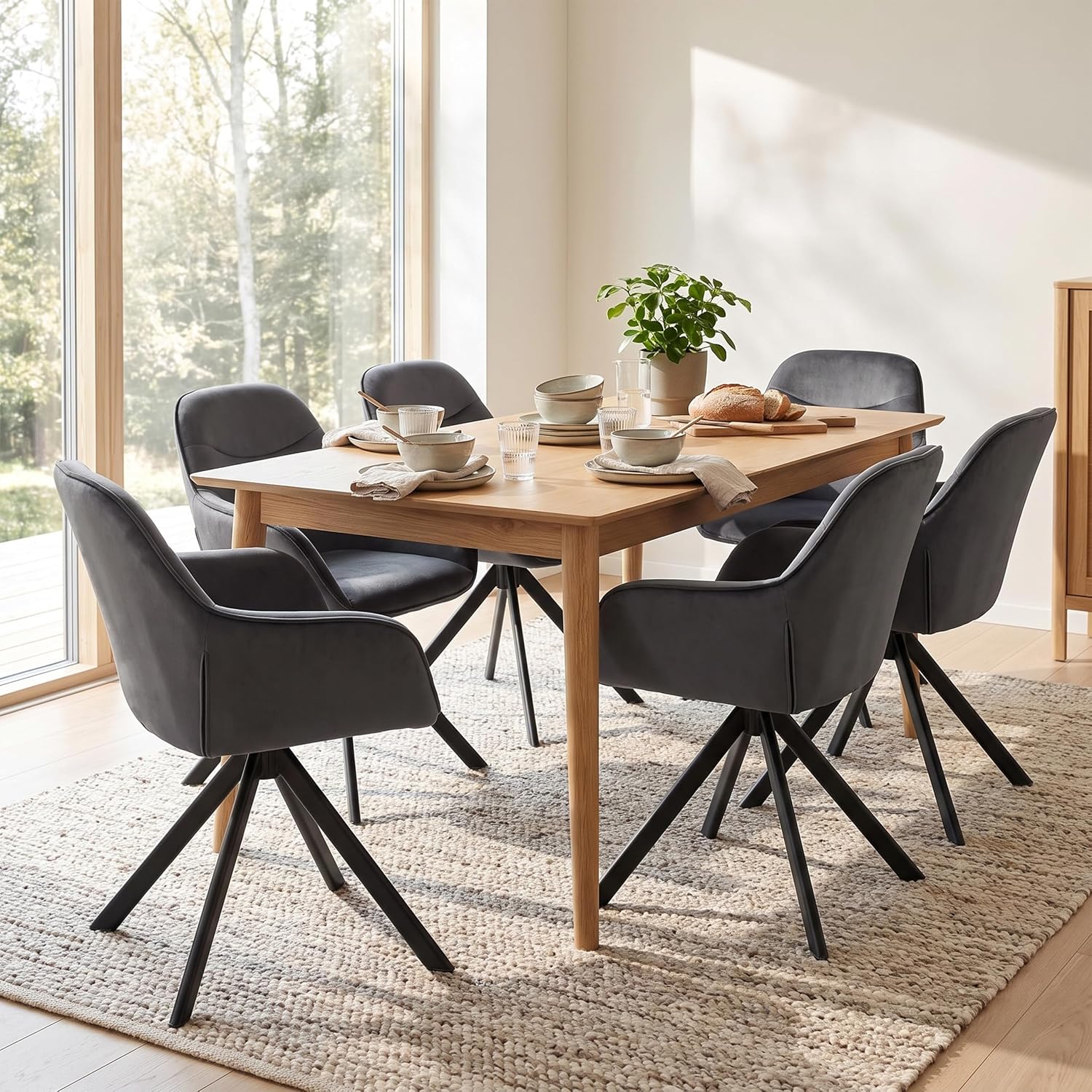 6er Set Esszimmerstühle Drehbar mit Armlehne, 360° Drehstuhl Polsterstuhl Samt Modern Küchenstuhl mit Metallbeine für Esszimmer, Wohnzimmer, Büro, Dunkelgrau