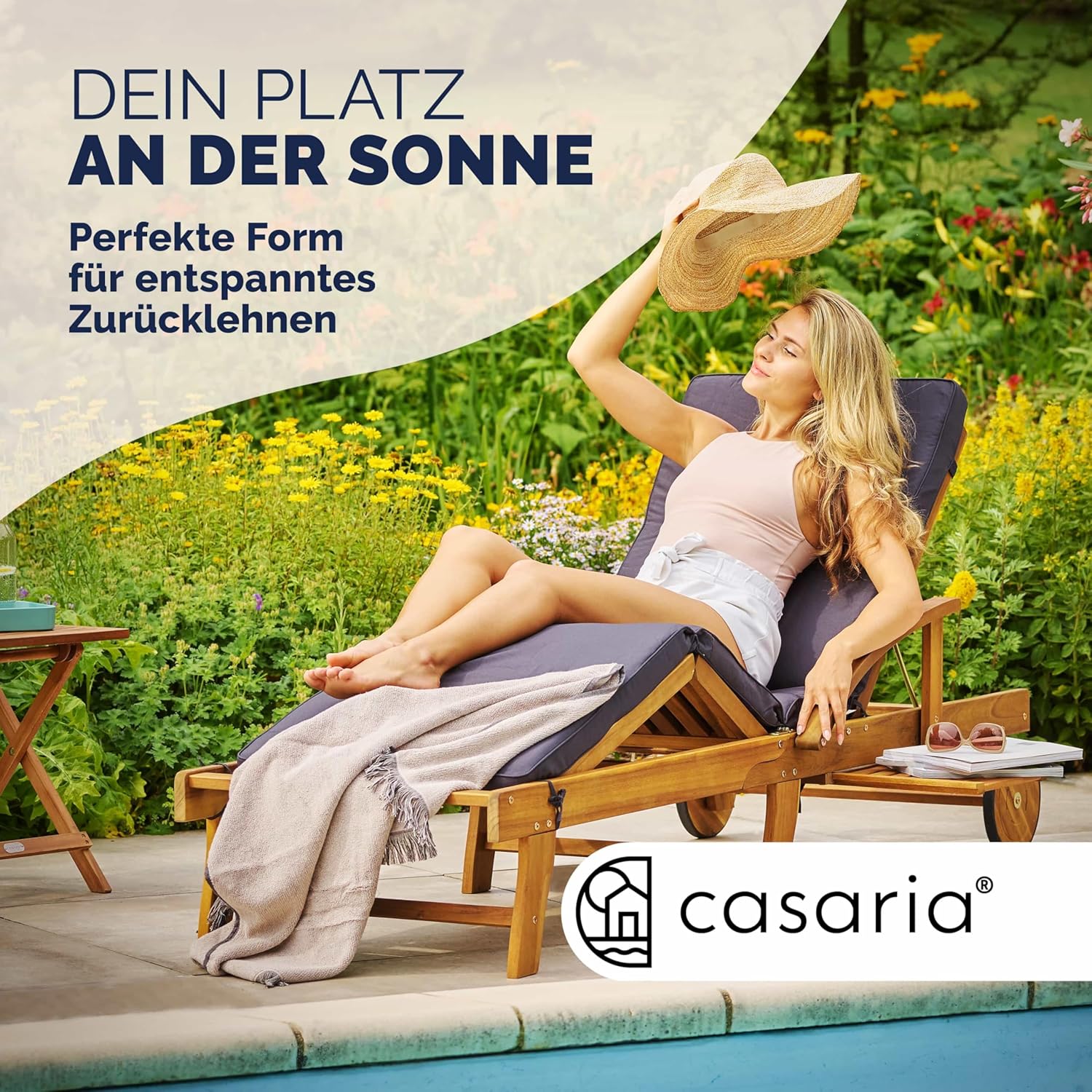 Casaria® Sonnenliege 2er Set Klappbar Wetterfest 2 Personen Holz Gartenliege mit 2 Räder Ablage Tisch Liegestuhl Verstellbare Rücken- Fußlehne Garten 196cm