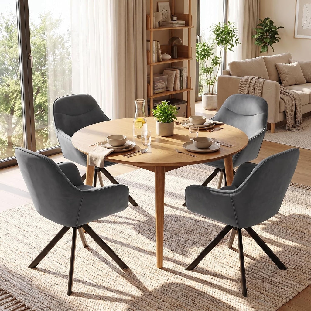 6er Set Esszimmerstühle Drehbar mit Armlehne, 360° Drehstuhl Polsterstuhl Samt Modern Küchenstuhl mit Metallbeine für Esszimmer, Wohnzimmer, Büro, Dunkelgrau
