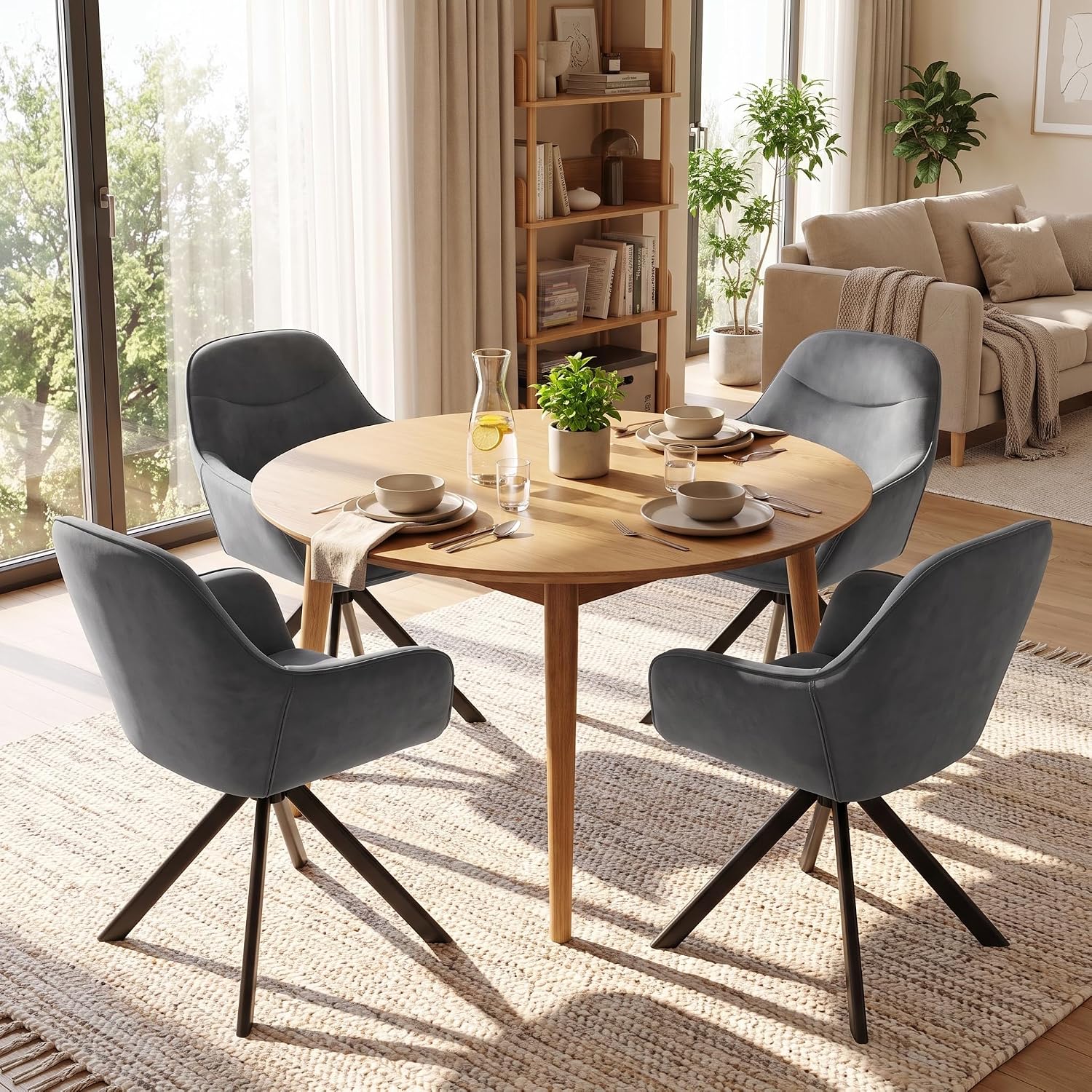 6er Set Esszimmerstühle Drehbar mit Armlehne, 360° Drehstuhl Polsterstuhl Samt Modern Küchenstuhl mit Metallbeine für Esszimmer, Wohnzimmer, Büro, Dunkelgrau