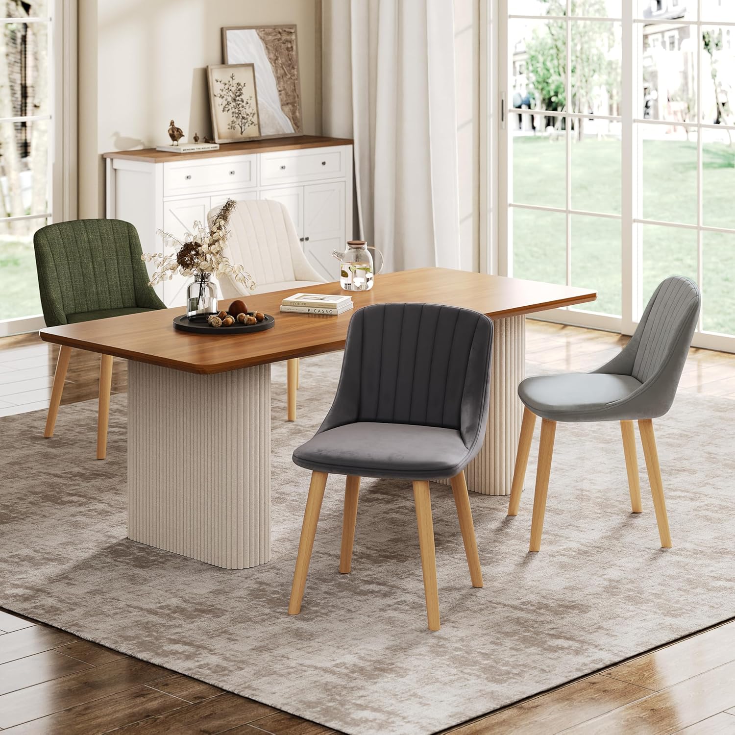 Esszimmerstühle Beige 4er Set Holzbeine Polsterstuhl Küchenstuhl aus Polyester Stühle Esszimmer Wohnzimmerstuhl für Esszimmer Küche Büro