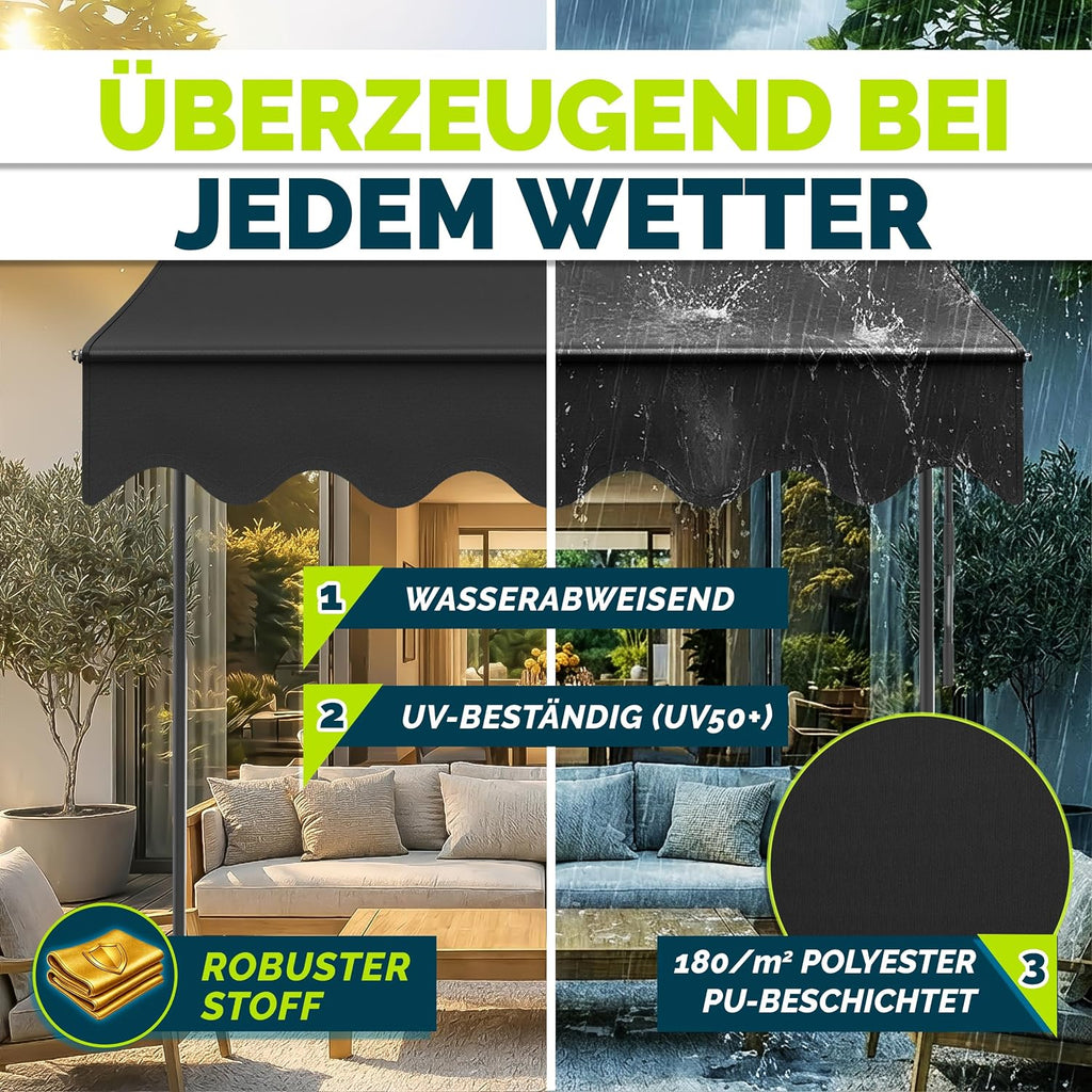 tillvex Klemmmarkise 350cm breit mit Handkurbel | Balkonmarkise ohne Bohren